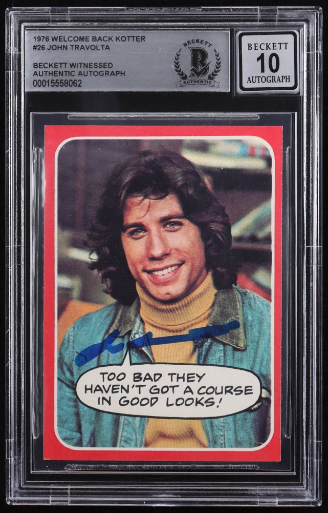 John Travolta Signed 1976 Topps Welcome Back Kotter #26 Too Bad They Haven't Got A Course In.. (BGS | Autograph Grade 10) (Online Order Only)