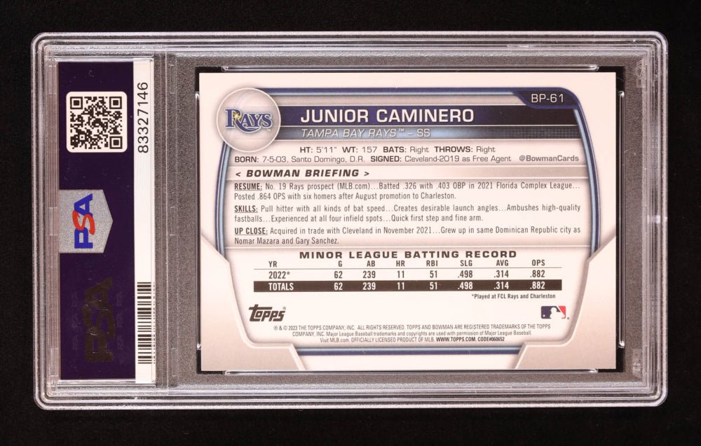 Junior Caminero Signed 2023 Bowman Prospects #BP61 RC (PSA) Rookie Card (Online Order Only)