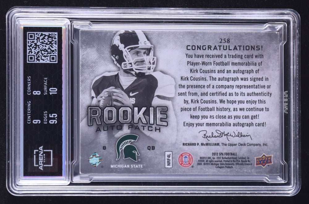 Kirk Cousins Signed 2012 SP Authentic #258 Jersey Autograph #071/885 RC (Arena Club 8.5) Autograph Graded 10 | Rookie Card | Serially Numbered #071 / 885 (Online Order Only)