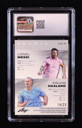Lionel Messi / Erling Haaland 2023 Leaf Metal Special Release Exclusive Legends Edition Mojo Silver #ELE18 #14/25 (CGC 10) Serially Numbered #14 / 25 (Online Order Only)