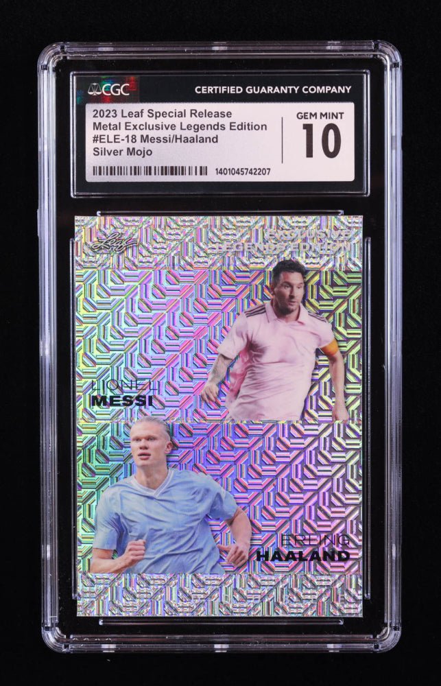 Lionel Messi / Erling Haaland 2023 Leaf Metal Special Release Exclusive Legends Edition Mojo Silver #ELE18 #14/25 (CGC 10) Serially Numbered #14 / 25 (Online Order Only)