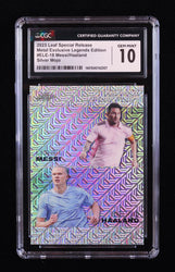 Lionel Messi / Erling Haaland 2023 Leaf Metal Special Release Exclusive Legends Edition Mojo Silver #ELE18 #14/25 (CGC 10) Serially Numbered #14 / 25 (Online Order Only)