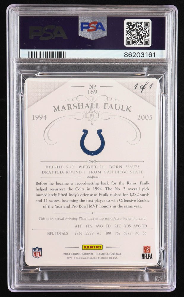 Marshall Faulk 2014 Panini National Treasures Printing Plates Magenta #169 #1/1 (PSA 9) (Online Order Only)