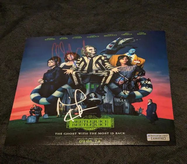 Multi Beetlejuice Autographs -8x10 photo - Jenna Ortega, Michael Keaton & Winona Rider with coa (Online Order Only)