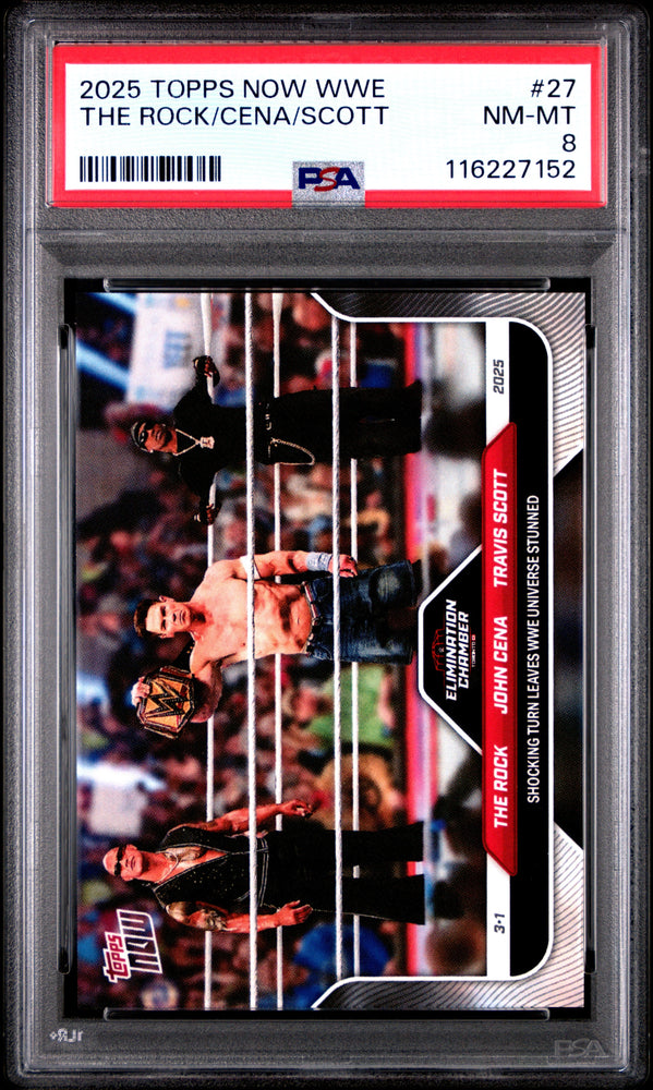 Graded 2025 Topps Now WWE The Rock John Cena Travis Scott #27 Wrestling Card PSA 8 Near Mint (ONLINE ORDER ONLY)