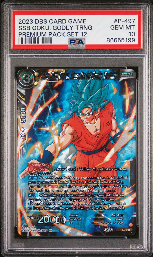 2023 DRAGON BALL SUPER 1 WILD RESURGENCE 12 SSB GOKU, GODLY TRNG #P-497 - PSA 10 (Online Order Only)