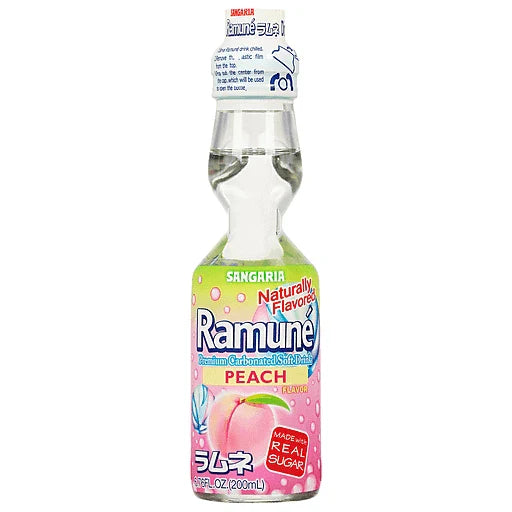 Ramune Peach Flavor Japanese Soda 6.76oz - Authentic Marble Bottle Drink