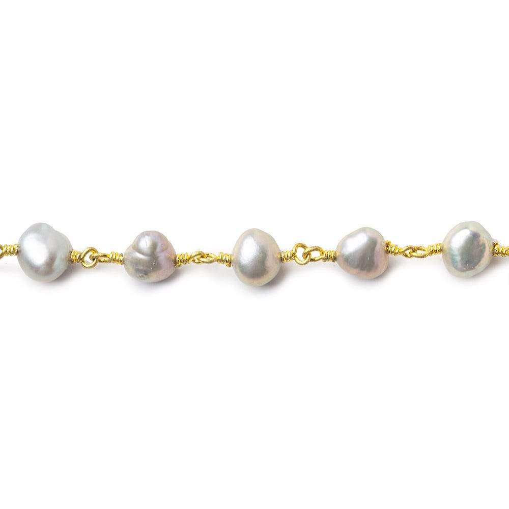 7x6mm Rose' Silver side drilled Baroque Pearl Gold plated Chain (ONLINE ORDER ONLY)