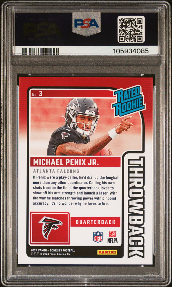 Graded 2024 Panini Donruss Michael Penix Jr #3 Rated Rookies Throwback Rookie RC Football Card PSA 10 Gem Mint (ONLINE ORDER ONLY)