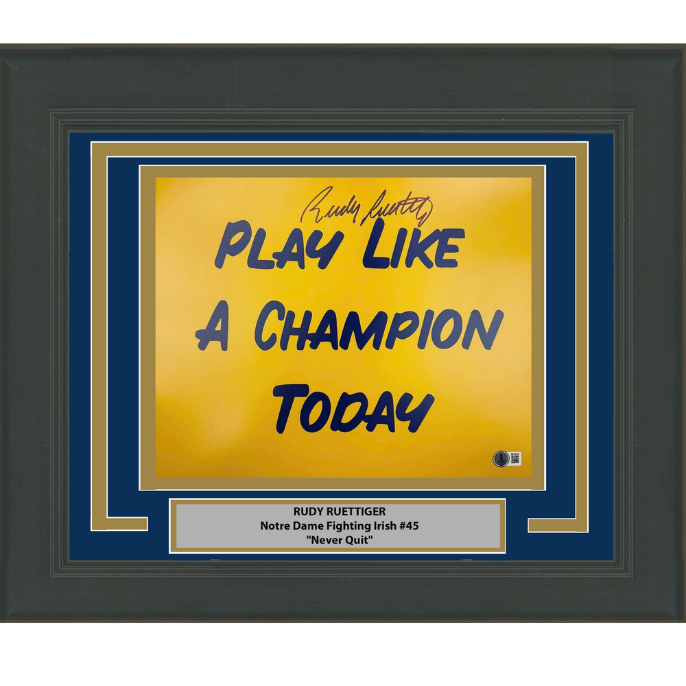 Framed Autographed/Signed Rudy Ruettiger Play Like A Champion Today Notre Dame Irish 11x14 College Football Photo Beckett BAS COA (ONLINE ORDER ONLY)