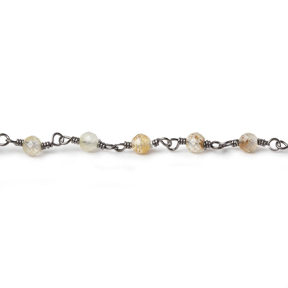 3mm Rutilated Quartz micro-faceted round Black Gold plated Chain