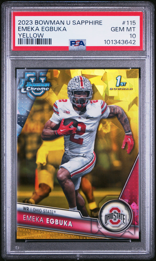 Graded 2023 Topps Bowman U Sapphire Emeka Egbuka #115 Yellow /75 Rookie RC Football Card PSA 10 Gem Mint (ONLINE ORDER ONLY)