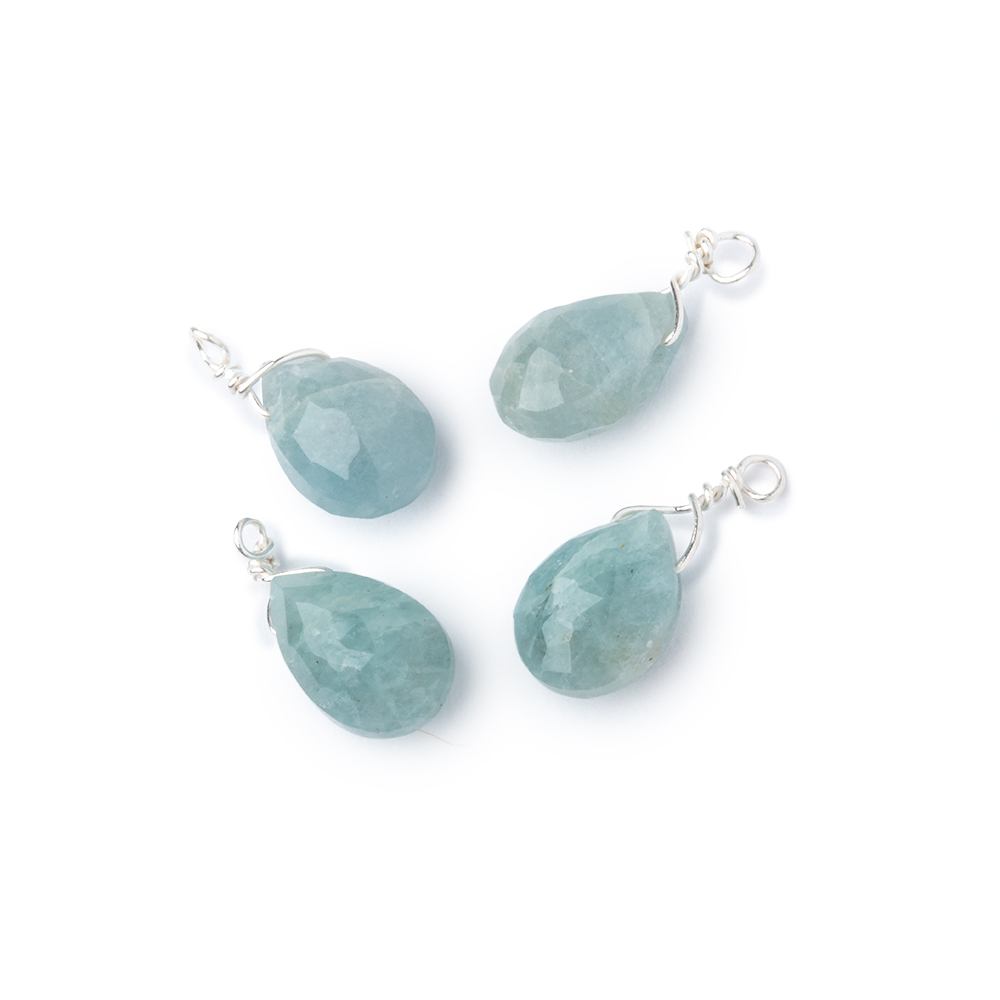 Set of 4 Silver Wire Wrapped 9x6mm Aquamarine Faceted Pear Focals (ONLINE ORDER ONLY)