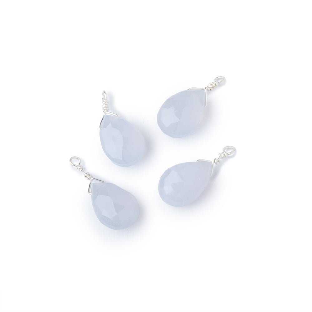 Set of 4 Silver Wire Wrapped 9x6mm Natural Chalcedony Faceted Pear Focals (ONLINE ORDER ONLY)