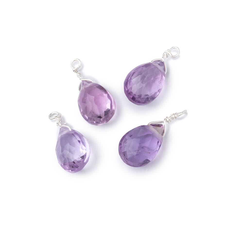 Set of 4 Silver Wire Wrapped 9x6mm Pink Amethyst Faceted Pear Focals (ONLINE ORDER ONLY)