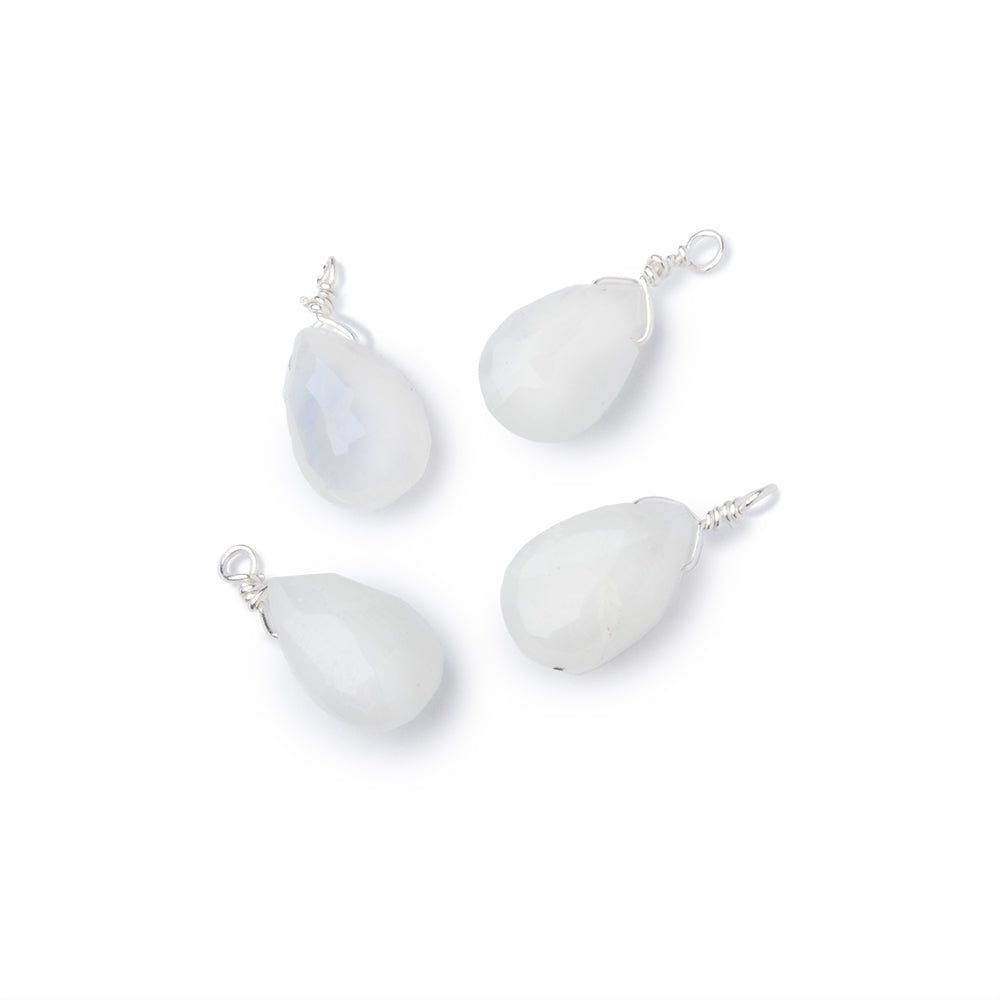 Set of 4 Silver Wire Wrapped 9x6mm Rainbow Moonstone Faceted Pear Focals (ONLINE ORDER ONLY)