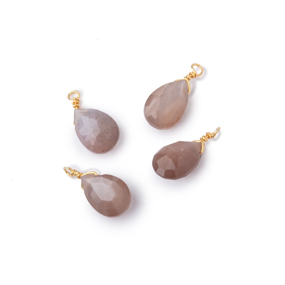 Set of 4 Vermeil Wire Wrapped 9x6mm Chocolate Moonstone Faceted Pear Focals (ONLINE ORDER ONLY)