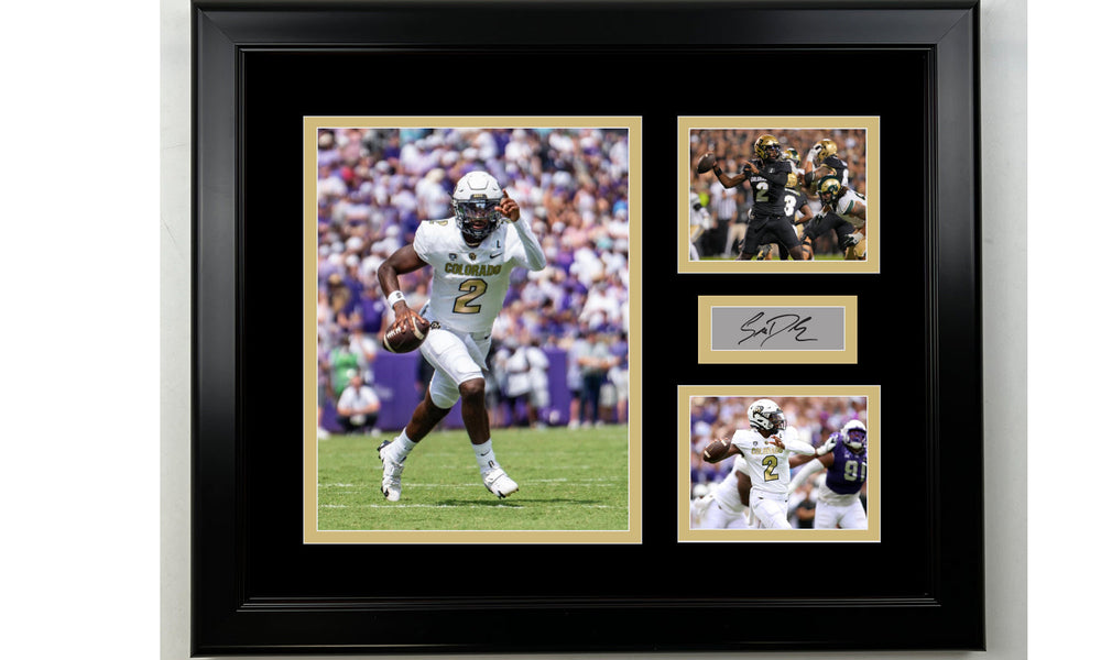 Framed Shedeur Sanders Colorado Buffaloes Facsimile Laser Engraved Signature NCAA Football 14x11 3 Photo Collage (ONLINE ORDER ONLY)