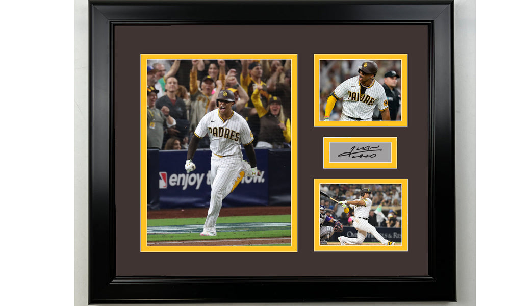 Framed Juan Soto San Diego Padres Facsimile Laser Engraved Signature Baseball 14x11 3 Photo Collage (ONLINE ORDER ONLY)