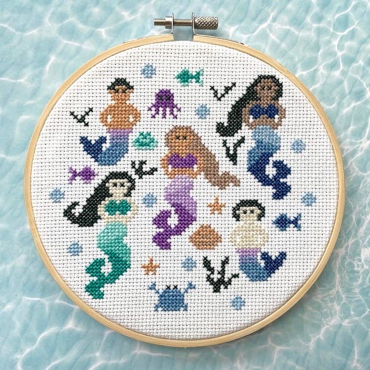 Multicultural Mermaids & Mermen Cross Stitch Kit – Whimsical 6” Ocean-Themed Design (ONLINE ORDER ONLY)