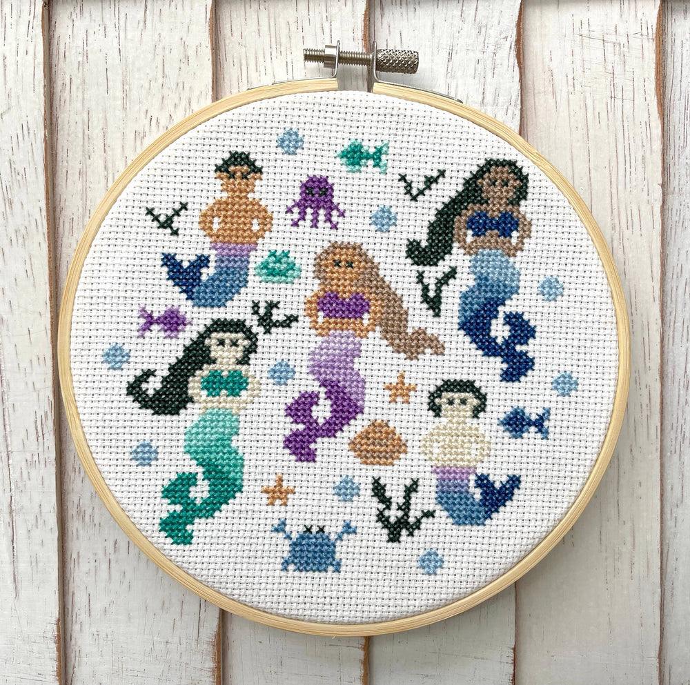 Multicultural Mermaids & Mermen Cross Stitch Kit – Whimsical 6” Ocean-Themed Design (ONLINE ORDER ONLY)