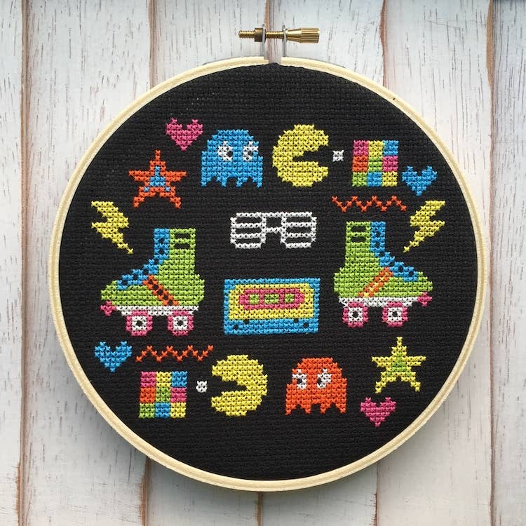 1980s Collage Cross Stitch Kit – Pac-Man, Skates & Retro Icons (ONLINE ORDER ONLY)