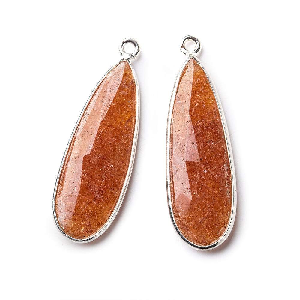 Sterling Silver Bezel Peach Blush Aventurine Elongated Faceted Pear Set of 2 Pendants 30x12mm (ONLINE ORDER ONLY)