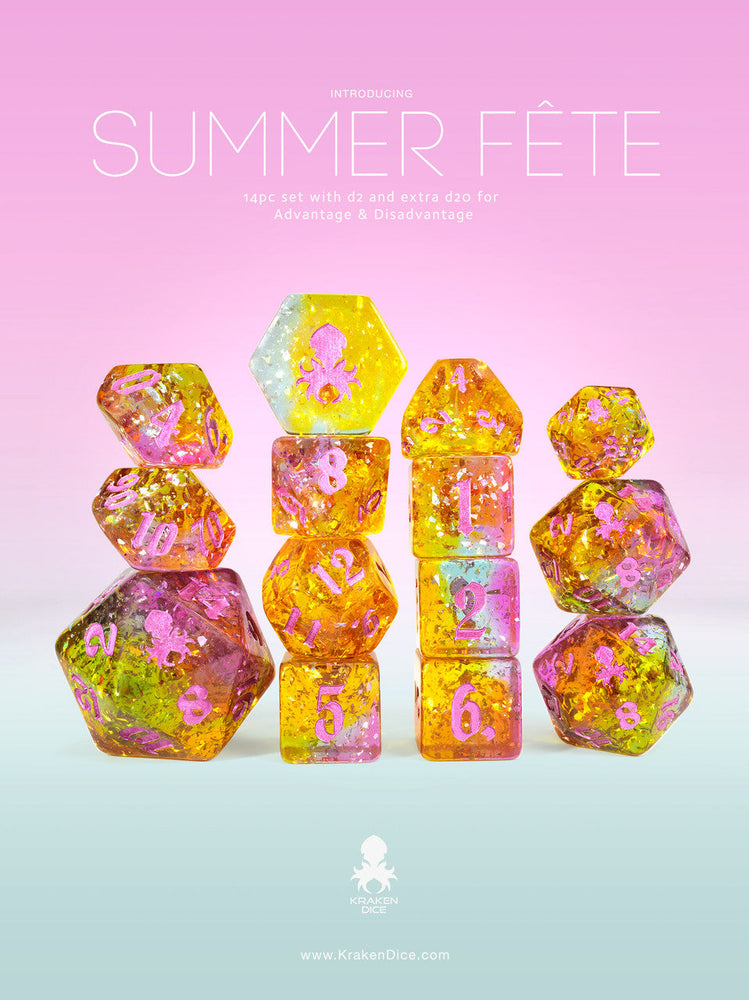 Kraken Dice Summer Fête 14pc TTRPG Dice Set with Pink Ink (ONLINE ORDER ONLY)