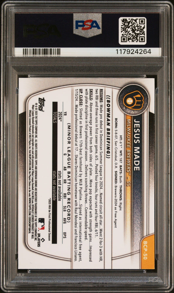Graded 2025 Topps Bowman Jesus Made #BCP50 Chrome Prospects Rookie RC Baseball Card PSA 10 Gem Mint (ONLINE ORDER ONLY)