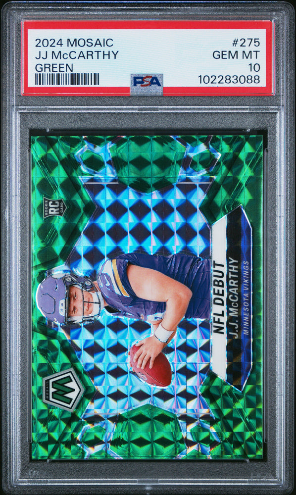 Graded 2024 Panini Mosaic JJ McCarthy #275 Green Rookie RC Football Card PSA 10 Gem Mint (ONLINE ORDER ONLY)