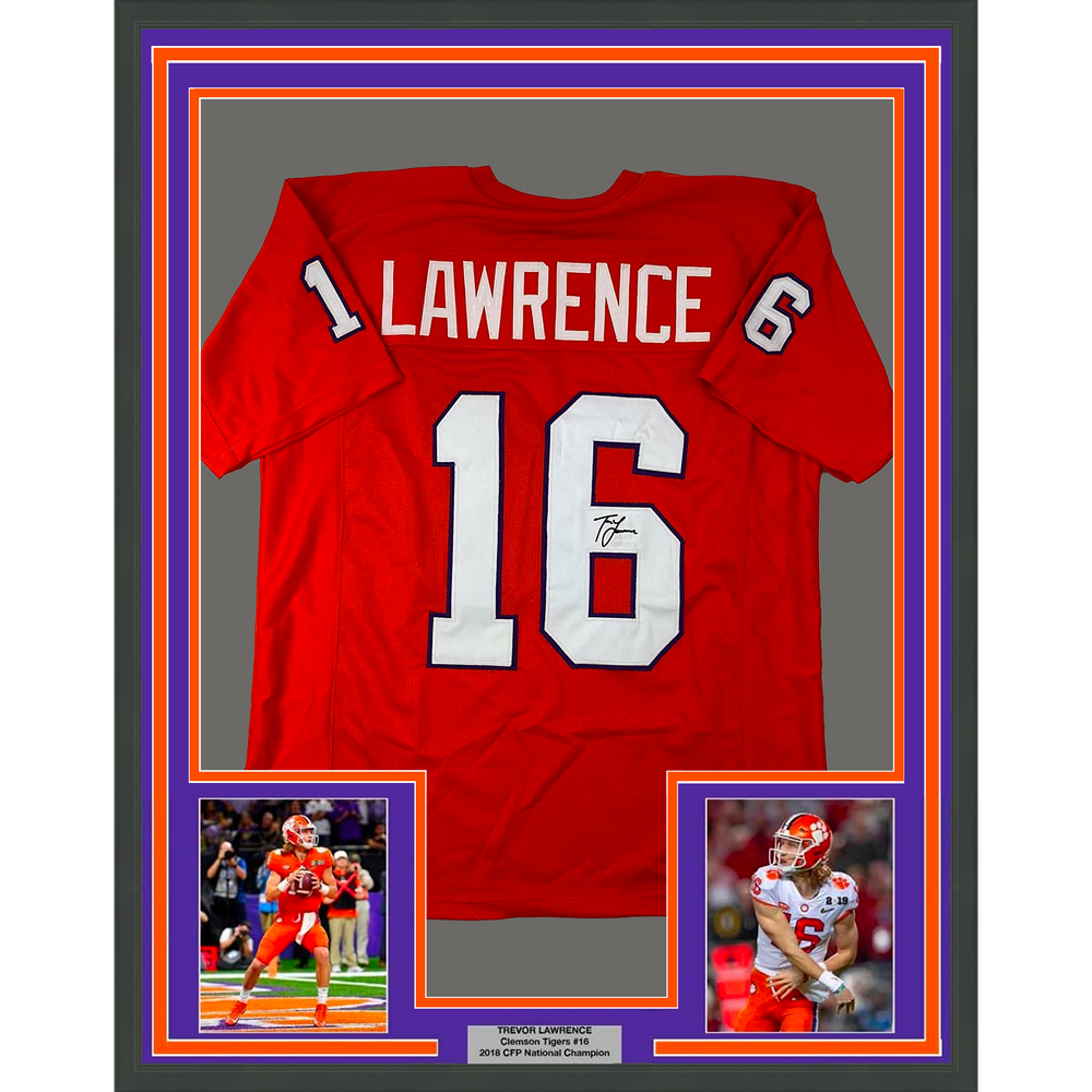 Framed Facsimile Autographed Trevor Lawrence 35x39 Clemson Orange Reprint Laser Auto College Football Jersey Size Men's XL (ONLINE ORDER ONLY)