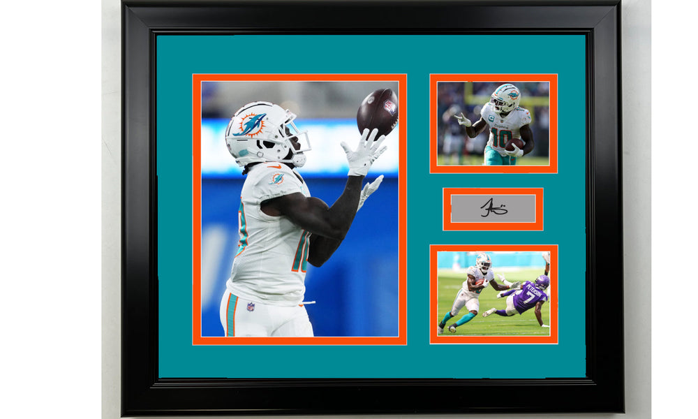 Framed Tyreek Hill Miami Dolphins Facsimile Laser Engraved Signature Football 14x11 3 Photo Collage (ONLINE ORDER ONLY)