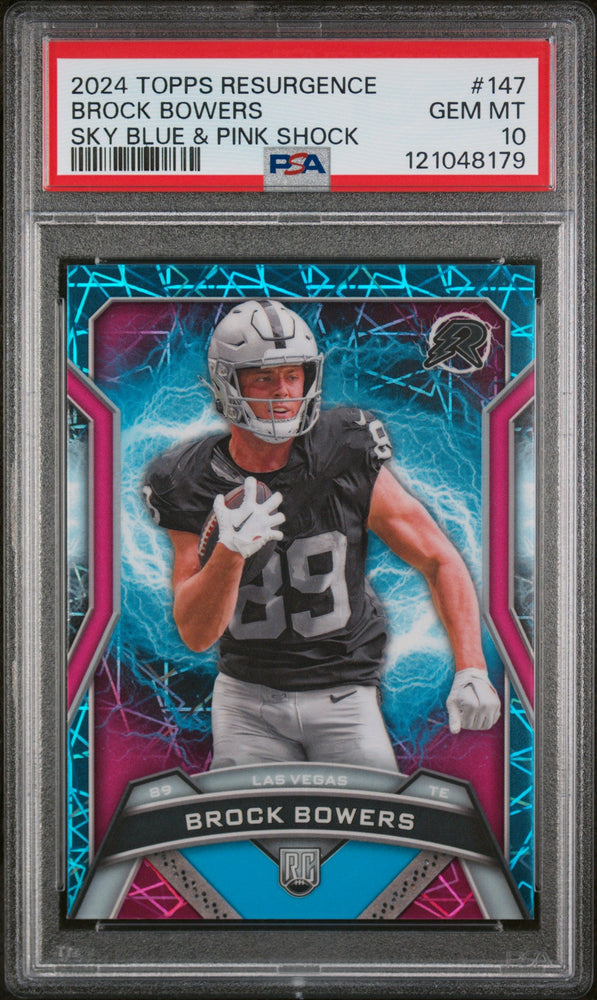 Graded 2024 Topps Resurgence Brock Bowers #147 Sky Blue & Pink Shock Rookie RC Football Card PSA 10 Gem Mint (ONLINE ORDER ONLY)