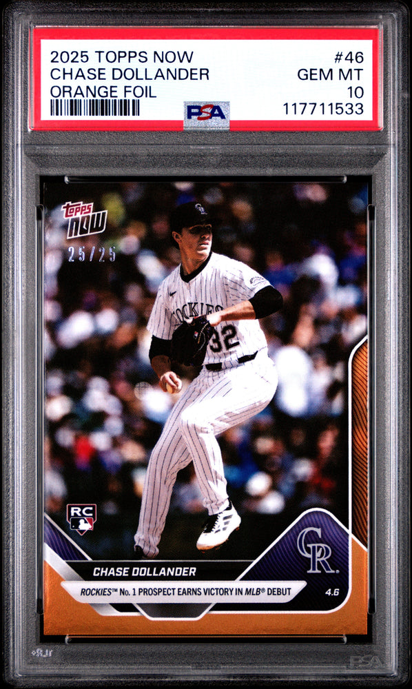 Graded 2025 Topps Now Chase Dollander #46 Orange Foil /25 Rookie RC Baseball Card PSA 10 Gem Mint (ONLINE ORDER ONLY)