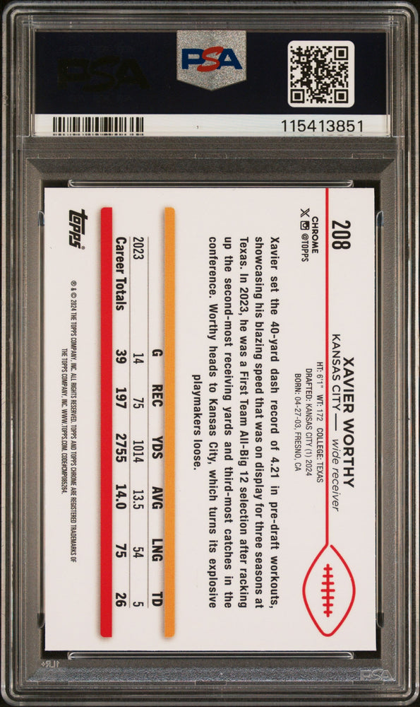 Graded 2024 Topps Chrome Xavier Worthy #208 Rookie RC Football Card PSA 10 Gem Mint (ONLINE ORDER ONLY)