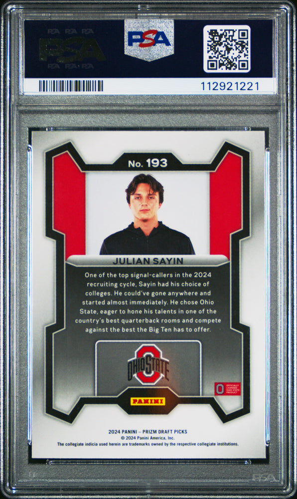 Graded 2024 Panini Prizm Draft Picks Julian Sayin #193 Rookie RC Football Card PSA 10 Gem Mint