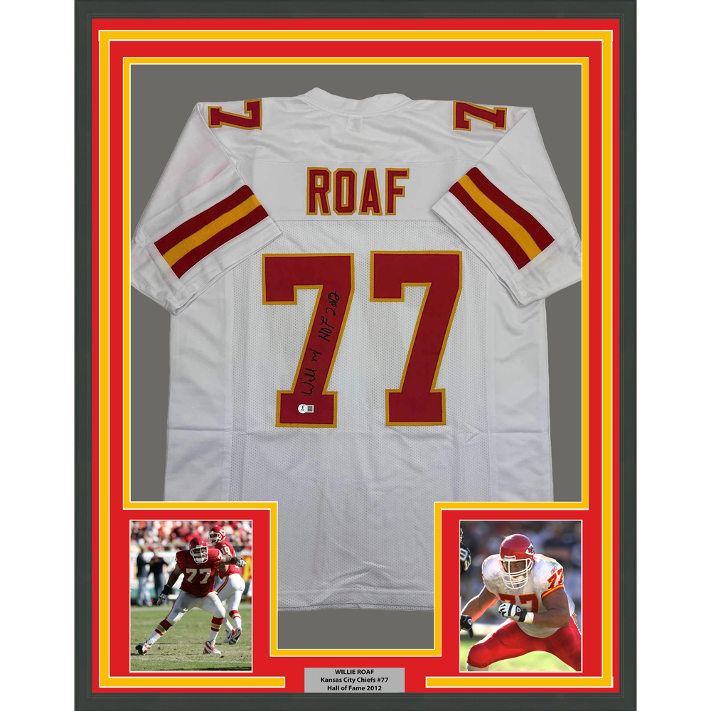 Framed Autographed/Signed Willie Roaf 35x39 HOF 2012 Kansas City White Football Jersey Beckett BAS COA