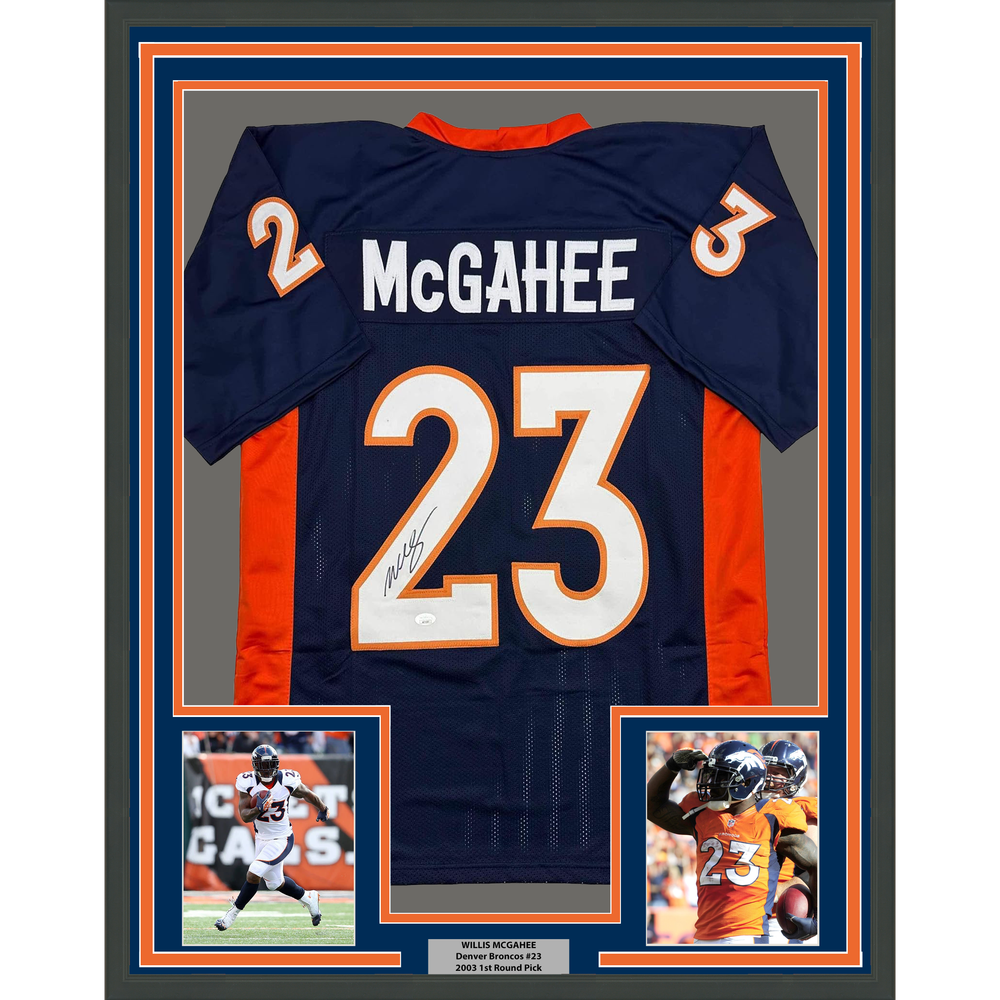 Framed Autographed/Signed Willis McGahee 35x39 Denver Blue Football Jersey JSA COA