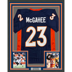 Framed Autographed/Signed Willis McGahee 35x39 Denver Blue Football Jersey JSA COA