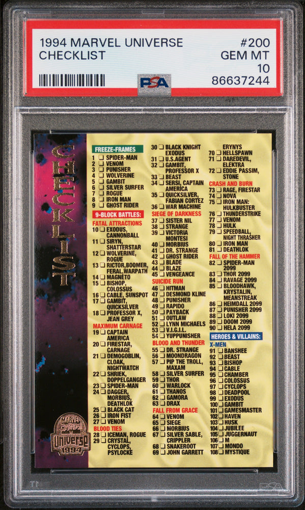 1994 MARVEL UNIVERSE CHECKLIST  #200 - PSA 10 (Online Order Only)
