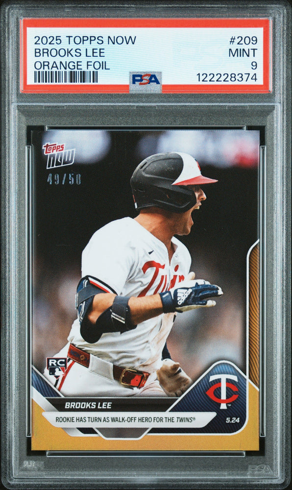 Graded 2025 Topps Now Brooks Lee #209 Orange Foil /25 Rookie RC Baseball Card PSA 9 Mint (ONLINE ORDER ONLY)