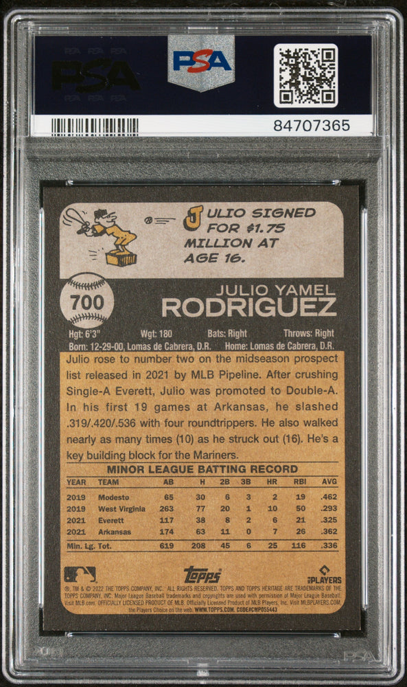 2022 TOPPS HERITAGE JULIO RODRIGUEZ  #700 - PSA 10 ROOKIE CARD (Online Order Only)