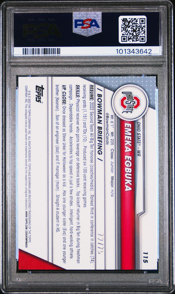 Graded 2023 Topps Bowman U Sapphire Emeka Egbuka #115 Yellow /75 Rookie RC Football Card PSA 10 Gem Mint (ONLINE ORDER ONLY)