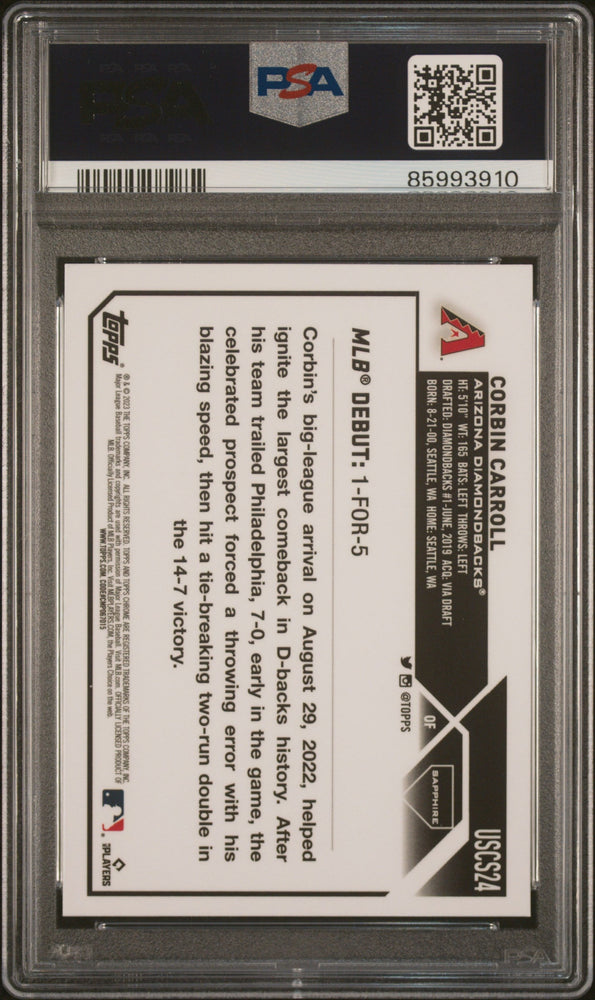 Graded 2023 Topps Chrome Update Sapphire Edition Corbin Carroll #24 Rookie RC Baseball Card PSA 10 Gem Mint (ONLINE ORDER ONLY)