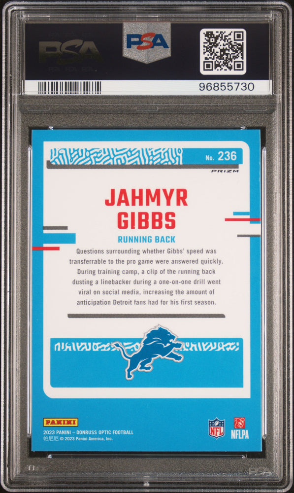 Graded 2023 Panini Donruss Optic Jahmyr Gibbs #236 Green Velocity Rookie RC Football Card PSA 10 Gem Mint (ONLINE ORDER ONLY)