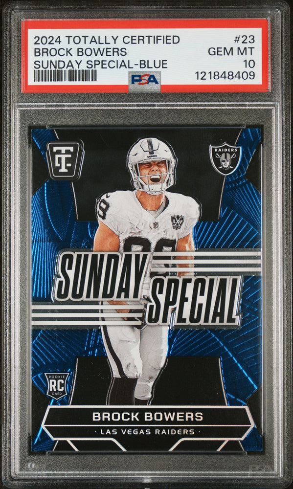 Graded 2024 Panini Totally Certified Brock Bowers #23 Sunday Special Blue /199 Rookie RC Football Card PSA 10 Gem Mint (ONLINE ORDER ONLY)
