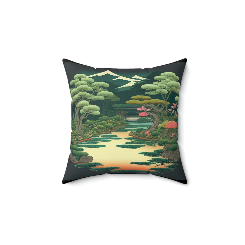 Japanese Lake Garden Spun Polyester Square Pillow